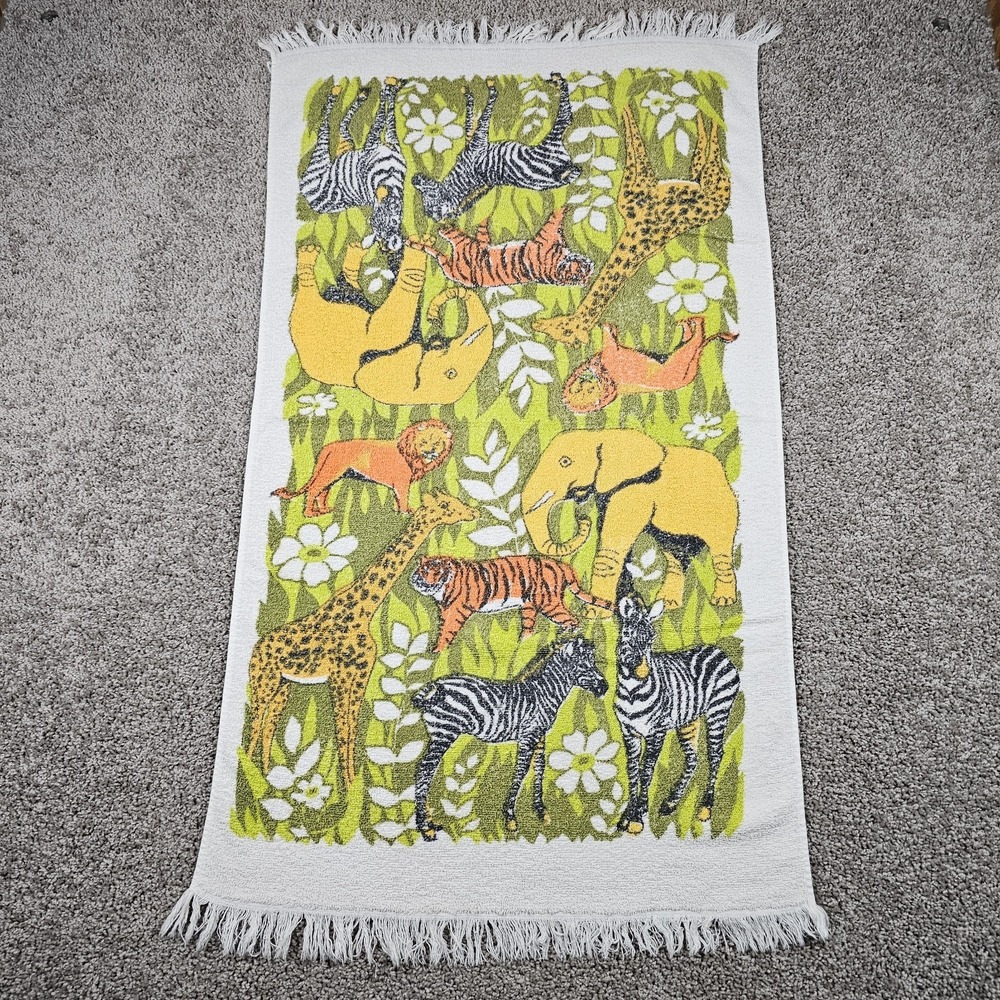 Vintage Cannon Safari Jungle Bath Towel Zebra Giraffe Elephant MCM Fringe Cotton